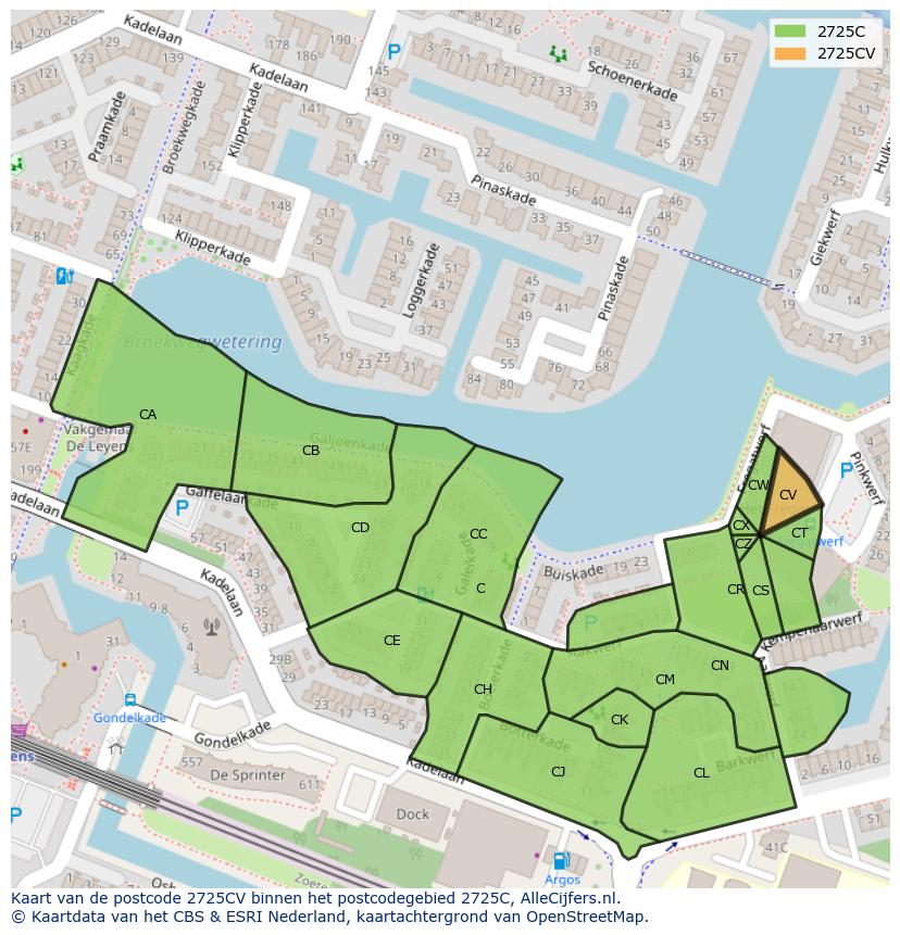 Afbeelding van het postcodegebied 2725 CV op de kaart.