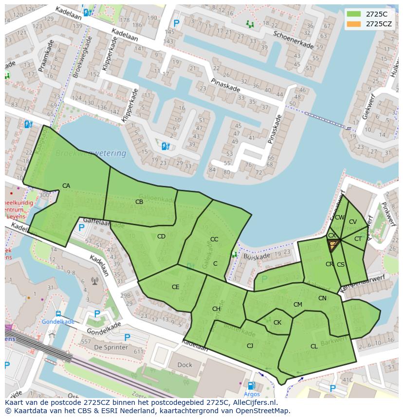 Afbeelding van het postcodegebied 2725 CZ op de kaart.