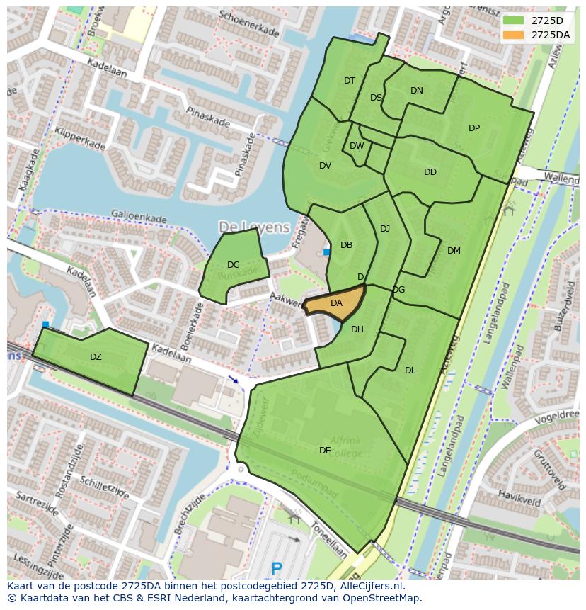 Afbeelding van het postcodegebied 2725 DA op de kaart.