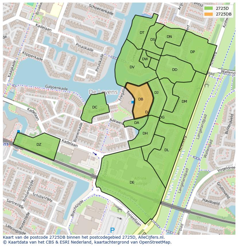Afbeelding van het postcodegebied 2725 DB op de kaart.