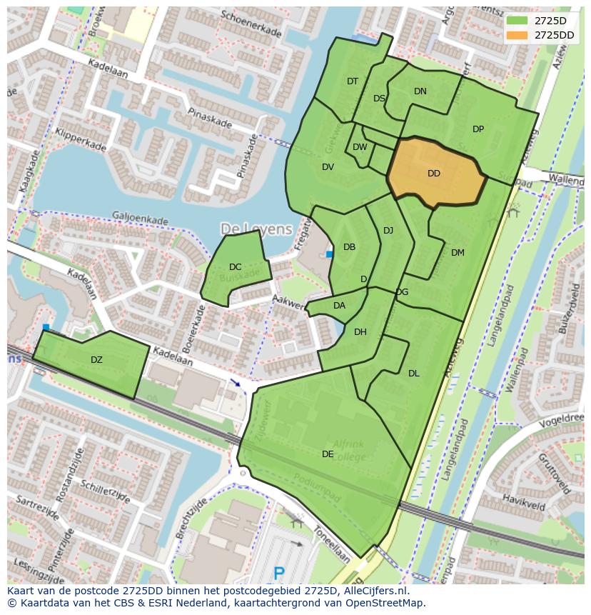 Afbeelding van het postcodegebied 2725 DD op de kaart.