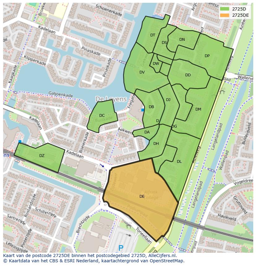 Afbeelding van het postcodegebied 2725 DE op de kaart.