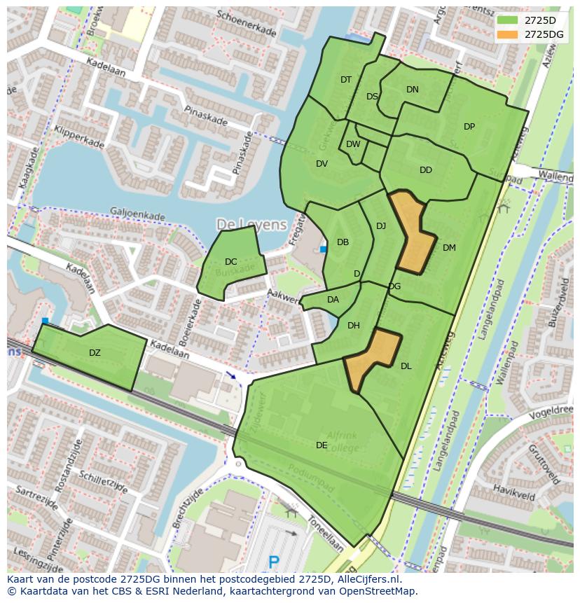Afbeelding van het postcodegebied 2725 DG op de kaart.