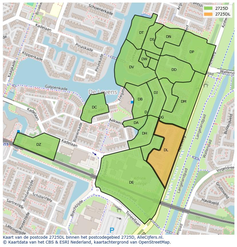 Afbeelding van het postcodegebied 2725 DL op de kaart.