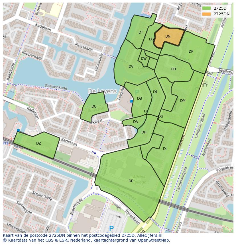 Afbeelding van het postcodegebied 2725 DN op de kaart.