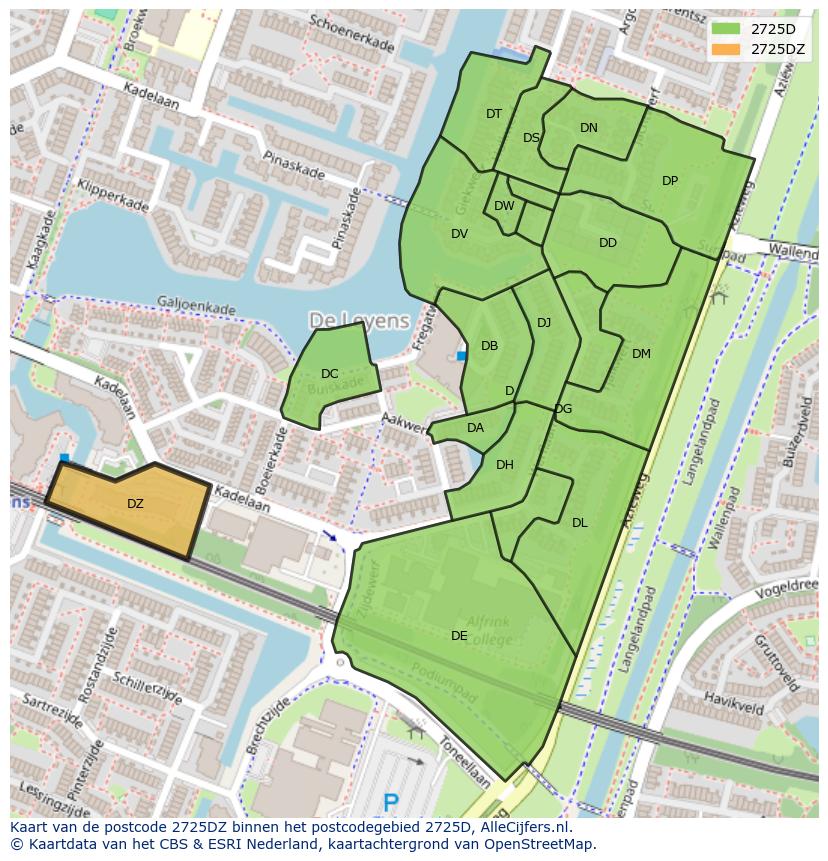 Afbeelding van het postcodegebied 2725 DZ op de kaart.