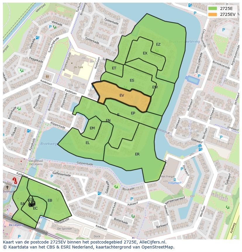 Afbeelding van het postcodegebied 2725 EV op de kaart.
