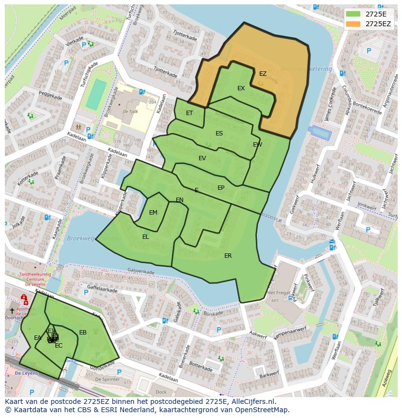 Afbeelding van het postcodegebied 2725 EZ op de kaart.