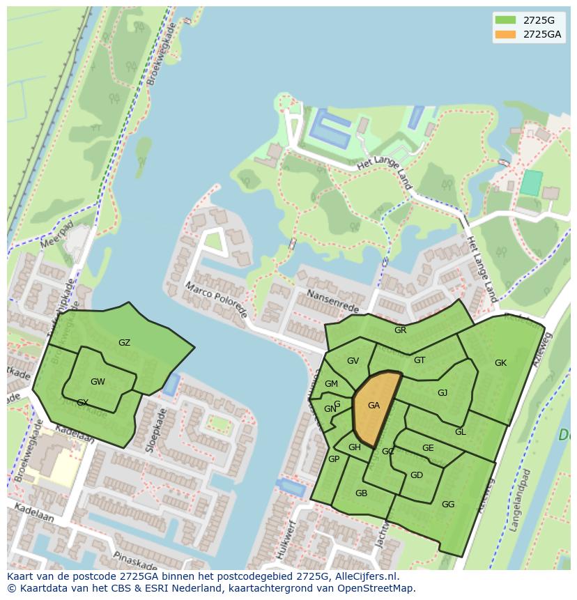 Afbeelding van het postcodegebied 2725 GA op de kaart.
