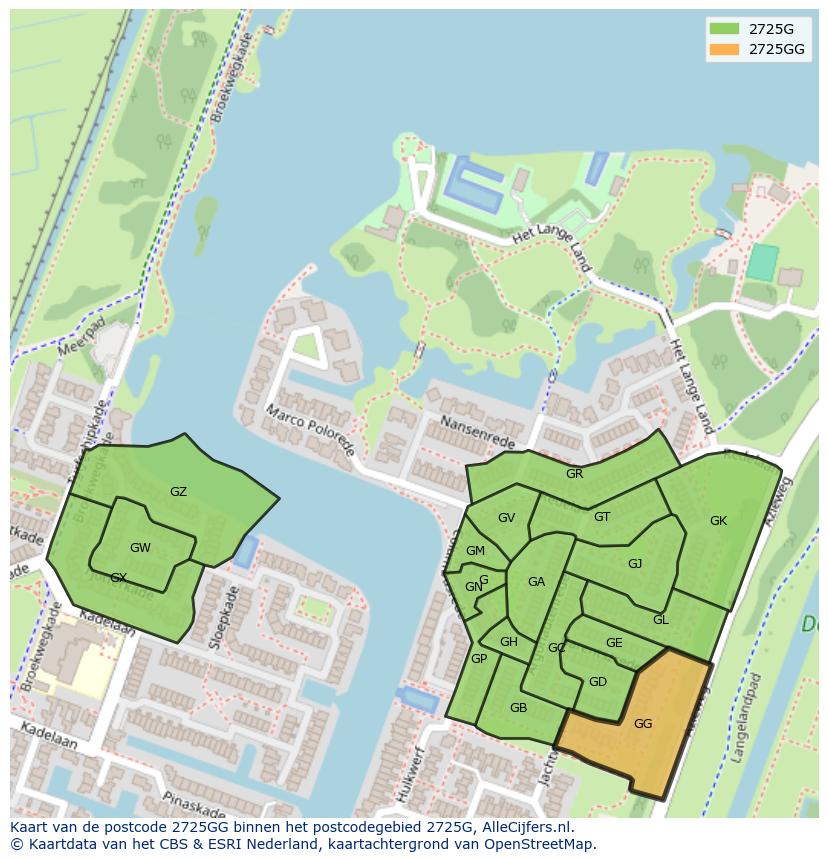 Afbeelding van het postcodegebied 2725 GG op de kaart.