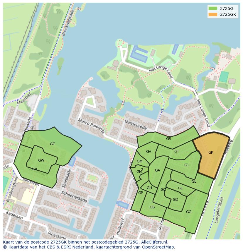 Afbeelding van het postcodegebied 2725 GK op de kaart.