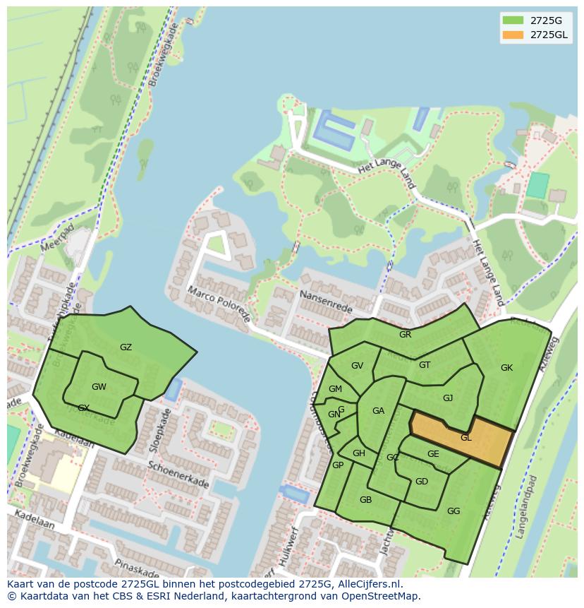 Afbeelding van het postcodegebied 2725 GL op de kaart.