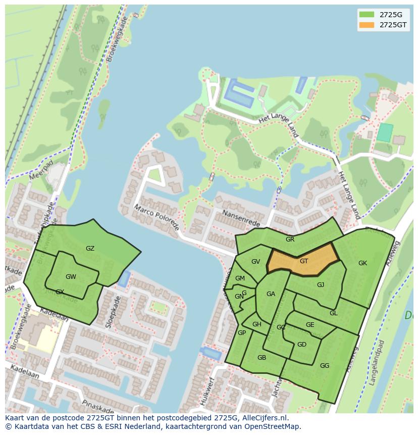 Afbeelding van het postcodegebied 2725 GT op de kaart.