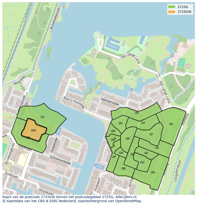 Afbeelding van het postcodegebied 2725 GW op de kaart.