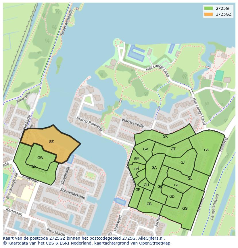 Afbeelding van het postcodegebied 2725 GZ op de kaart.