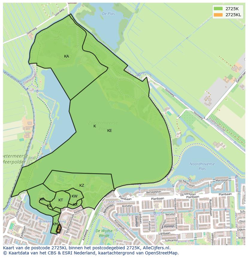 Afbeelding van het postcodegebied 2725 KL op de kaart.
