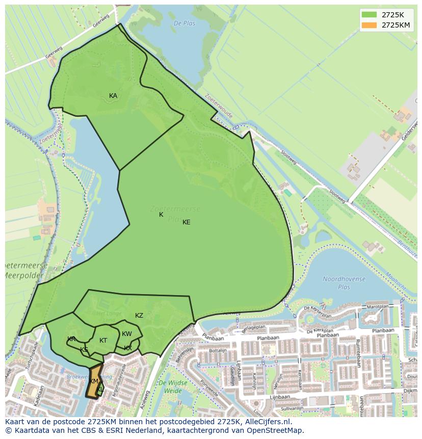 Afbeelding van het postcodegebied 2725 KM op de kaart.