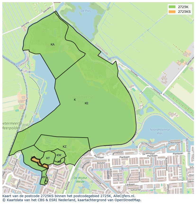 Afbeelding van het postcodegebied 2725 KS op de kaart.