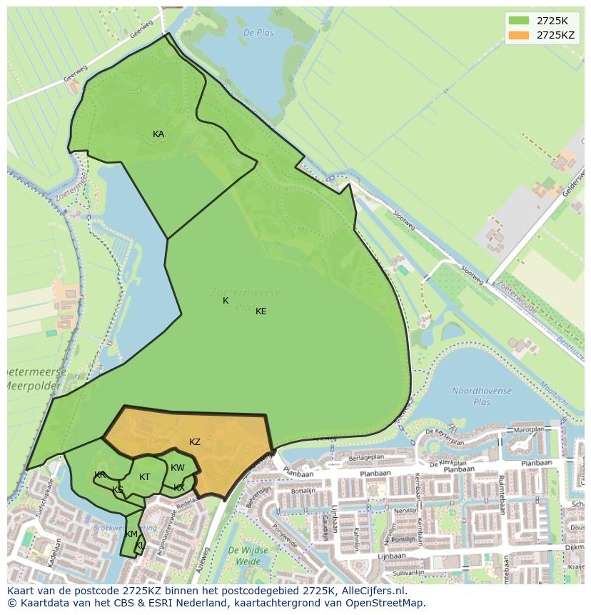 Afbeelding van het postcodegebied 2725 KZ op de kaart.