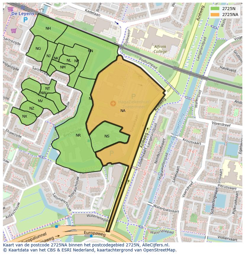 Afbeelding van het postcodegebied 2725 NA op de kaart.