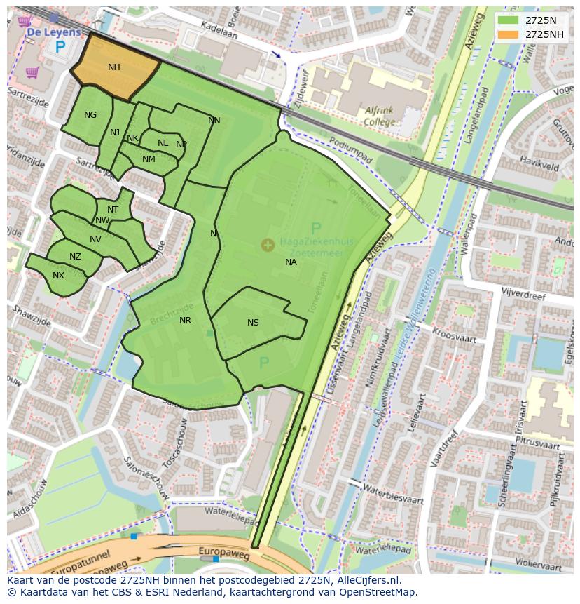 Afbeelding van het postcodegebied 2725 NH op de kaart.