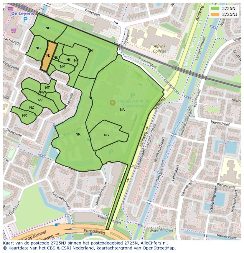 Afbeelding van het postcodegebied 2725 NJ op de kaart.