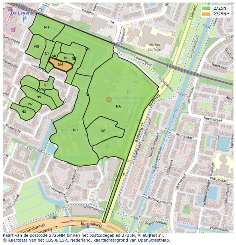 Afbeelding van het postcodegebied 2725 NM op de kaart.