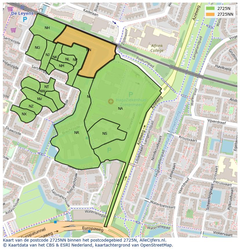 Afbeelding van het postcodegebied 2725 NN op de kaart.