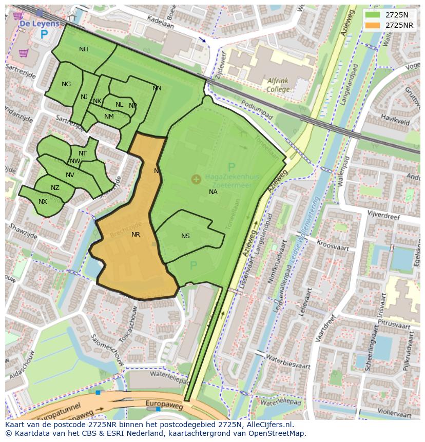 Afbeelding van het postcodegebied 2725 NR op de kaart.