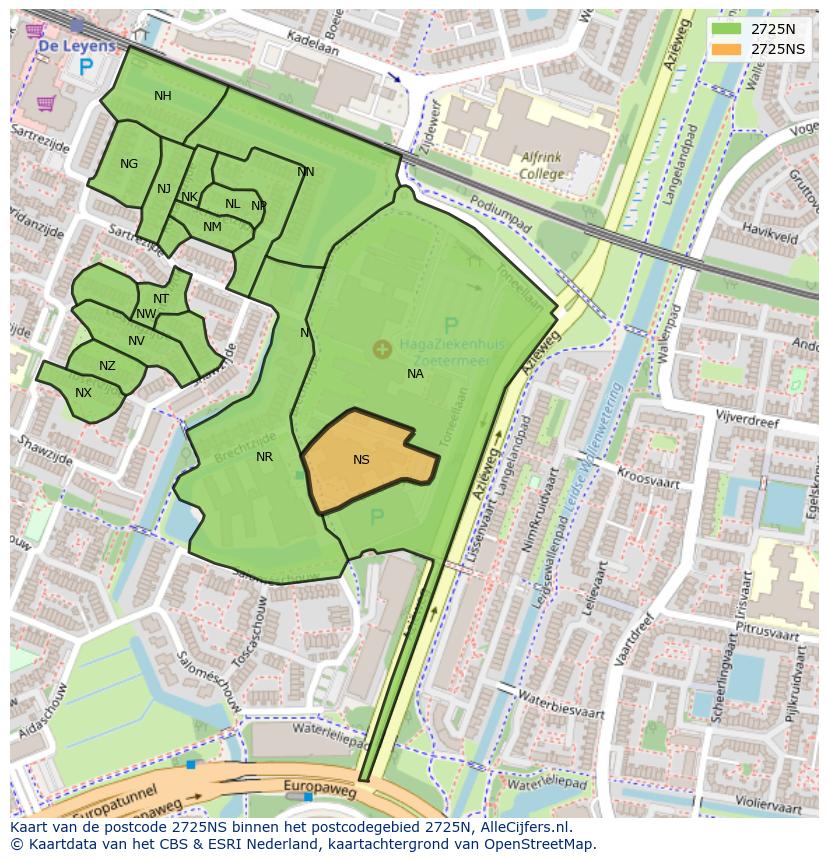 Afbeelding van het postcodegebied 2725 NS op de kaart.