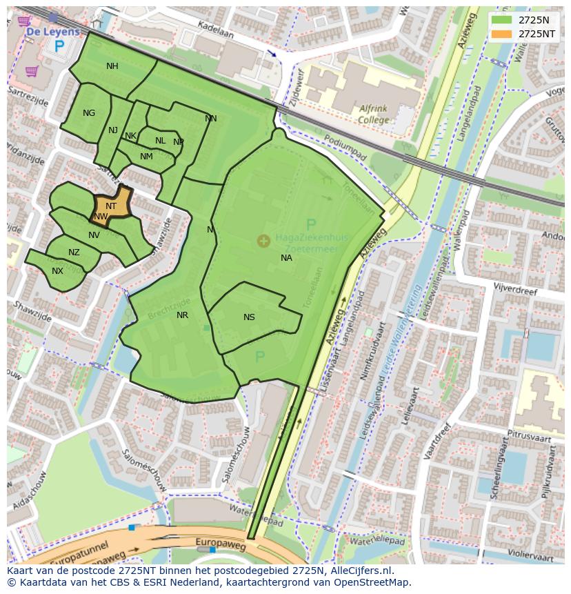 Afbeelding van het postcodegebied 2725 NT op de kaart.