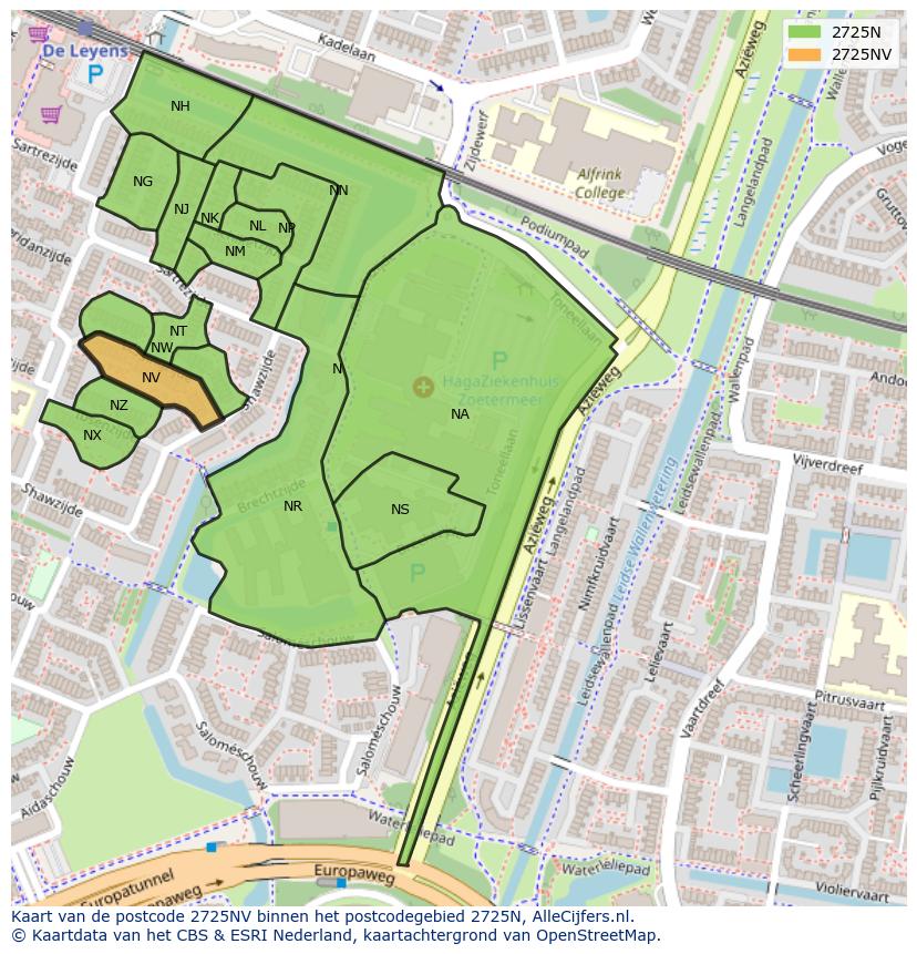 Afbeelding van het postcodegebied 2725 NV op de kaart.