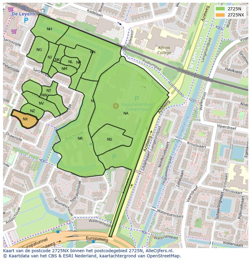 Afbeelding van het postcodegebied 2725 NX op de kaart.
