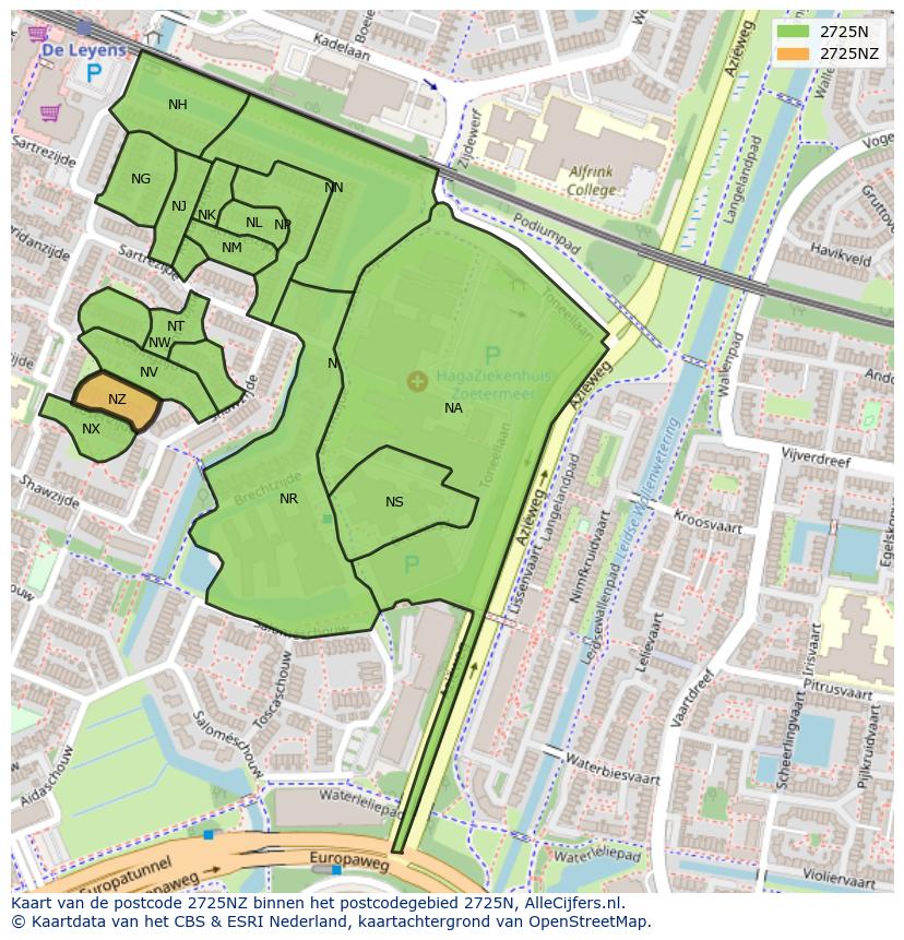 Afbeelding van het postcodegebied 2725 NZ op de kaart.