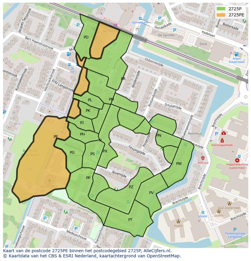 Afbeelding van het postcodegebied 2725 PE op de kaart.