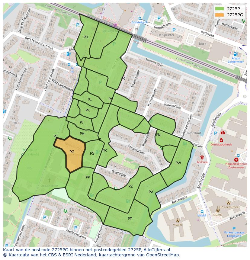 Afbeelding van het postcodegebied 2725 PG op de kaart.