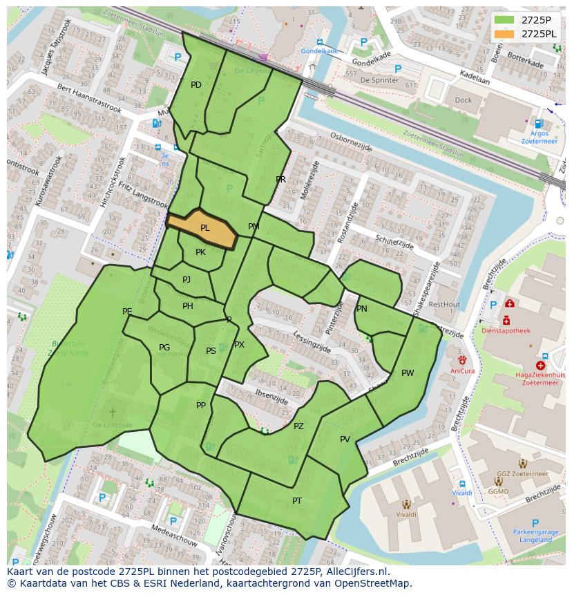Afbeelding van het postcodegebied 2725 PL op de kaart.