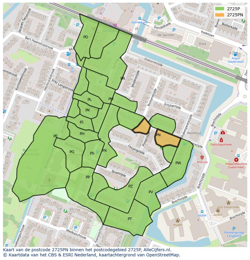 Afbeelding van het postcodegebied 2725 PN op de kaart.