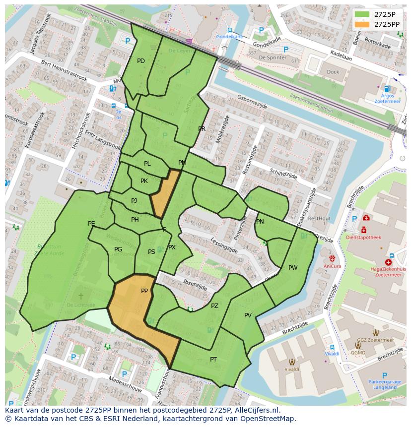 Afbeelding van het postcodegebied 2725 PP op de kaart.