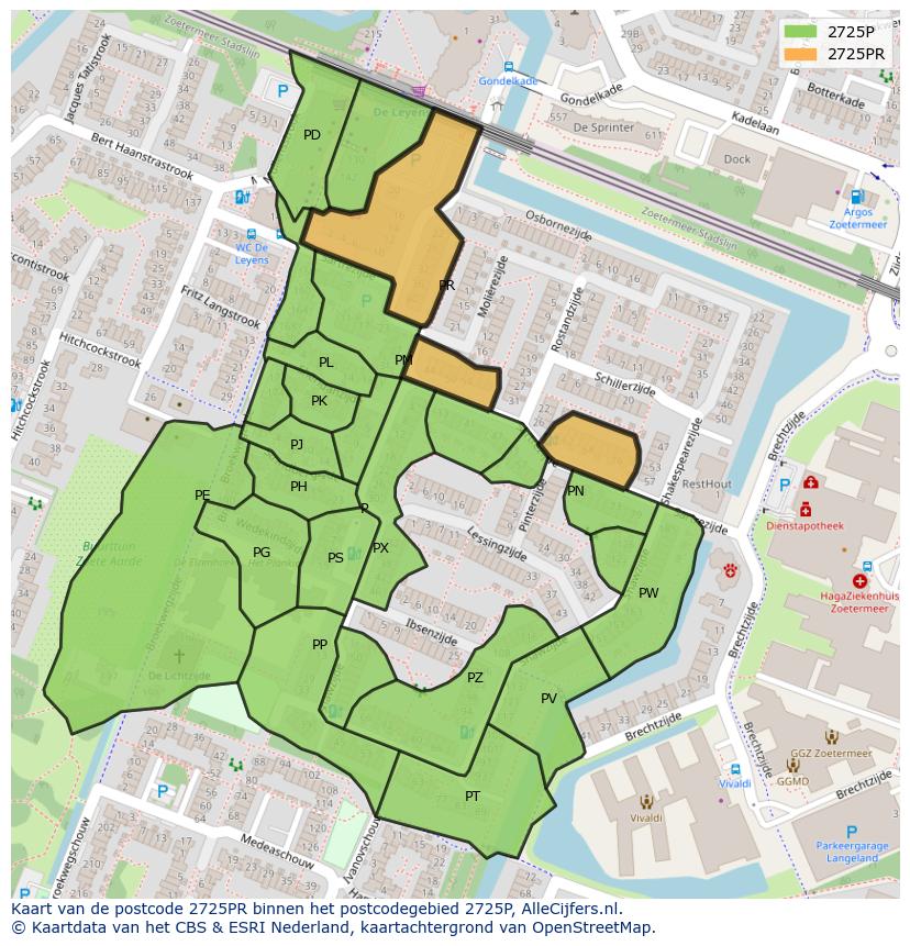 Afbeelding van het postcodegebied 2725 PR op de kaart.
