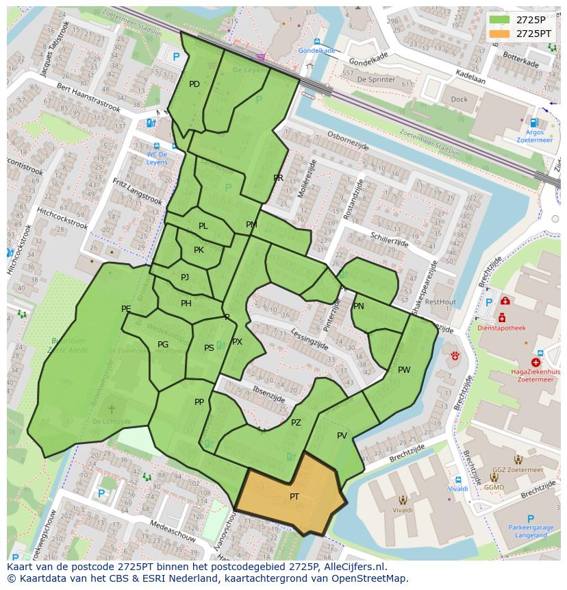 Afbeelding van het postcodegebied 2725 PT op de kaart.