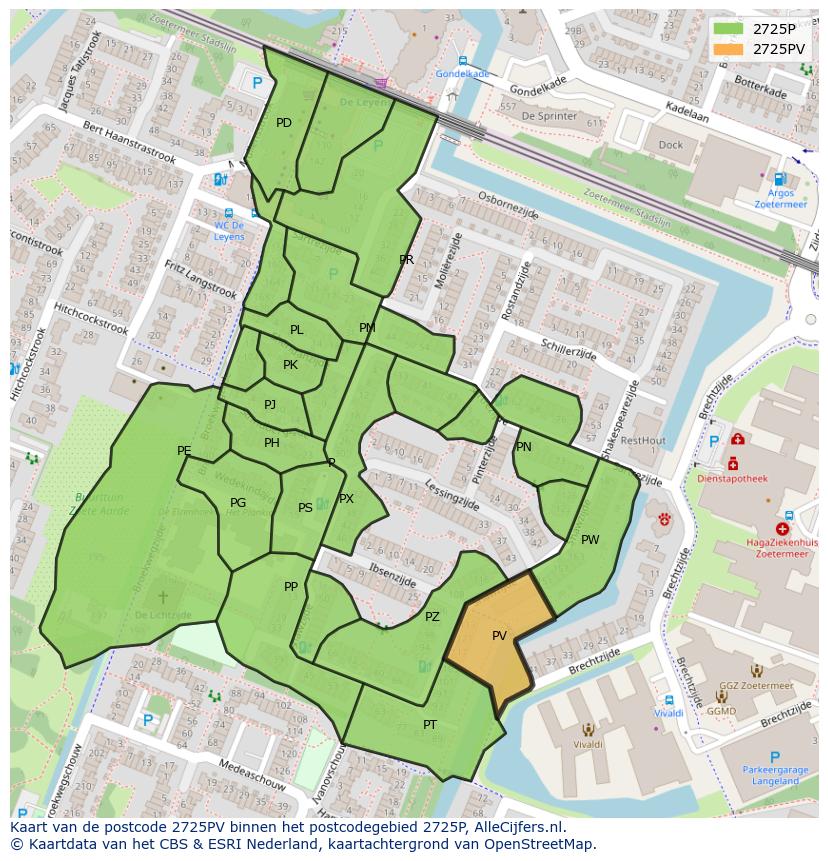 Afbeelding van het postcodegebied 2725 PV op de kaart.