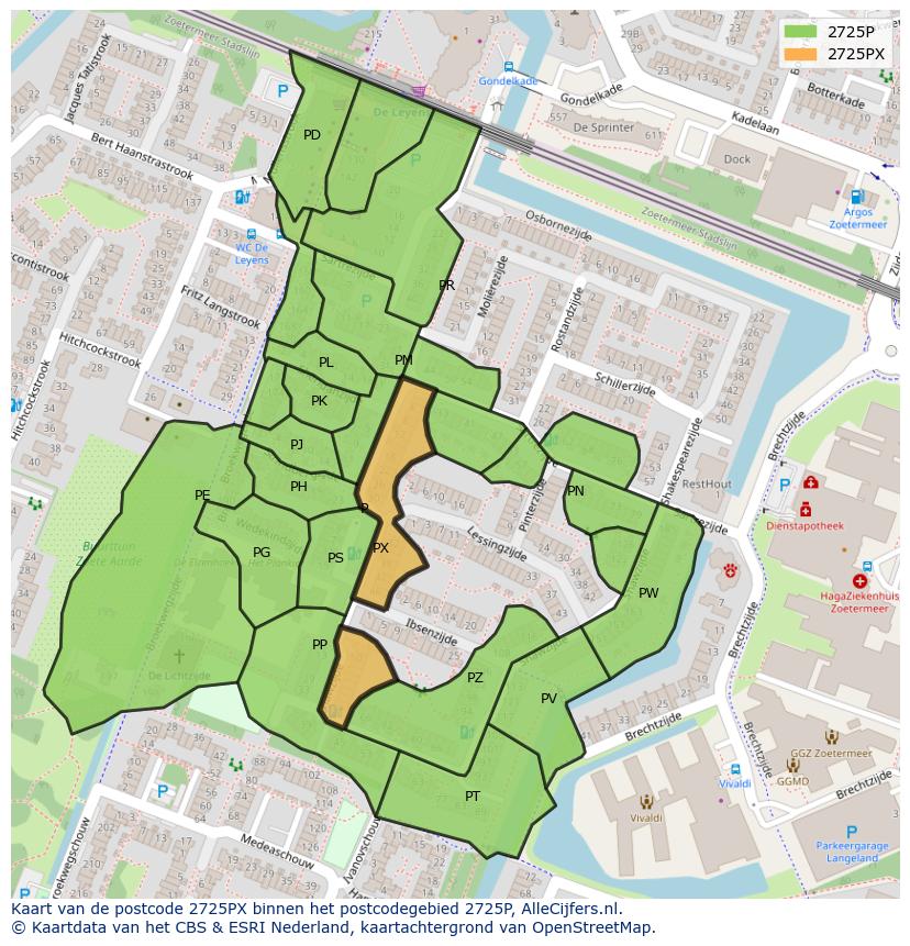 Afbeelding van het postcodegebied 2725 PX op de kaart.