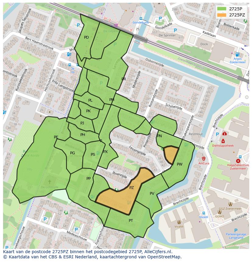 Afbeelding van het postcodegebied 2725 PZ op de kaart.