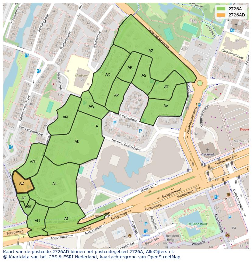 Afbeelding van het postcodegebied 2726 AD op de kaart.