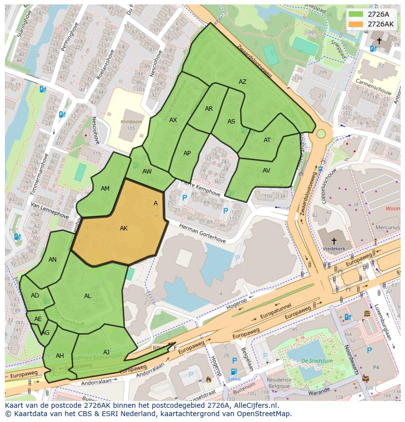 Afbeelding van het postcodegebied 2726 AK op de kaart.