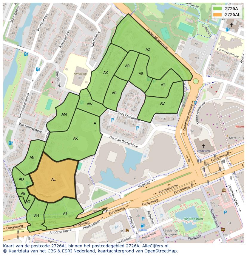 Afbeelding van het postcodegebied 2726 AL op de kaart.