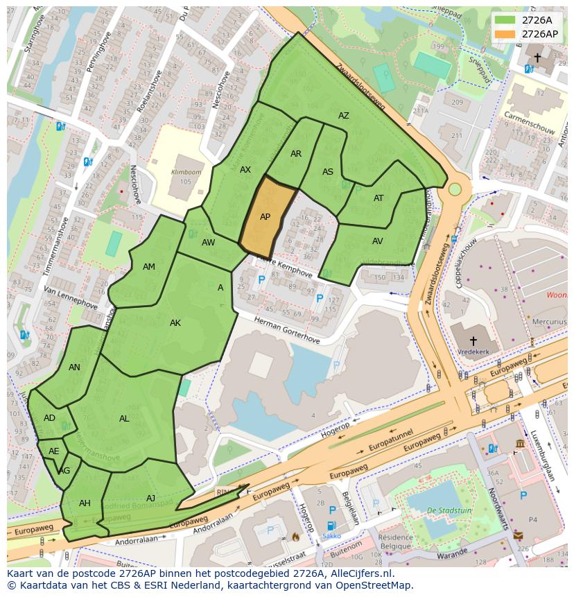 Afbeelding van het postcodegebied 2726 AP op de kaart.
