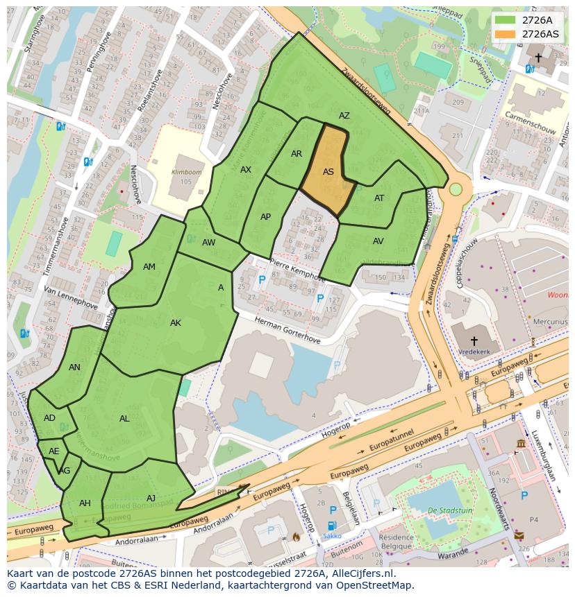 Afbeelding van het postcodegebied 2726 AS op de kaart.