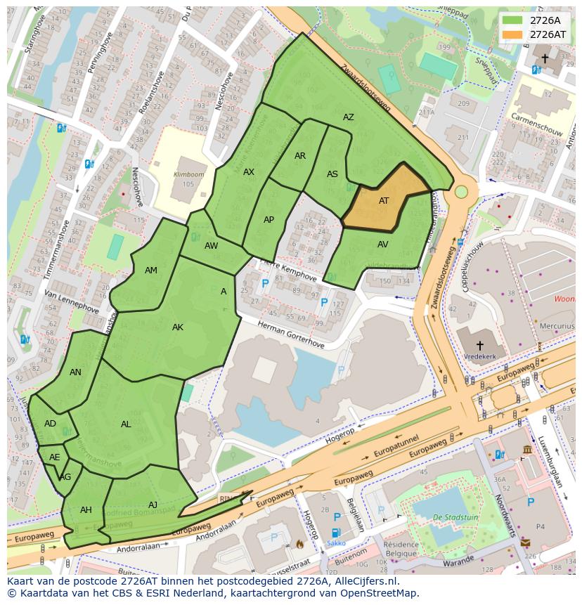 Afbeelding van het postcodegebied 2726 AT op de kaart.